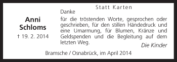 Traueranzeige von Anni Schloms von Neue Osnabrücker Zeitung GmbH & Co. KG