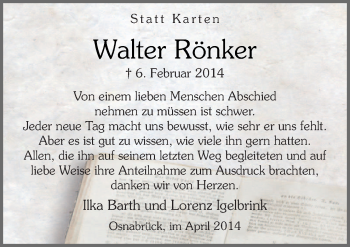 Traueranzeige von Walter Rönker von Neue Osnabrücker Zeitung GmbH & Co. KG