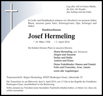 Traueranzeige von Josef Hermeling von Neue Osnabrücker Zeitung GmbH & Co. KG