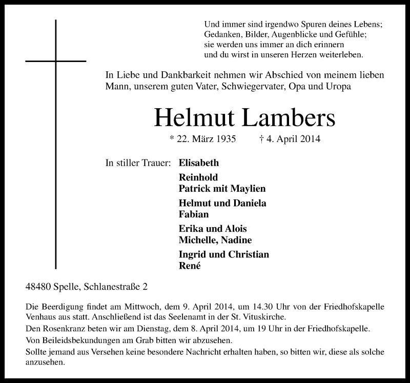  Traueranzeige für Helmut Lambers vom 07.04.2014 aus Neue Osnabrücker Zeitung GmbH & Co. KG