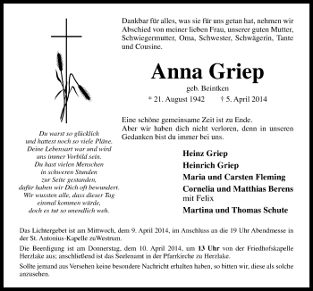 Traueranzeige von Anna Griep von Neue Osnabrücker Zeitung GmbH & Co. KG