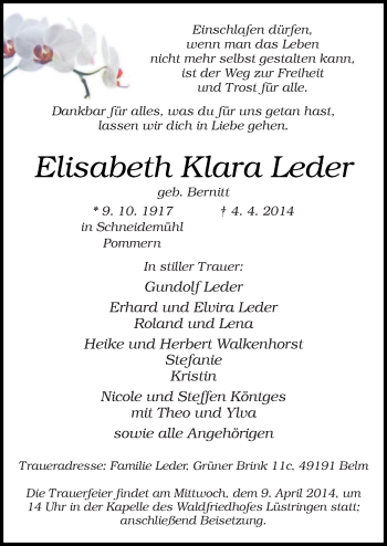 Traueranzeige von Elisabeth Klara Leder von Neue Osnabrücker Zeitung GmbH & Co. KG