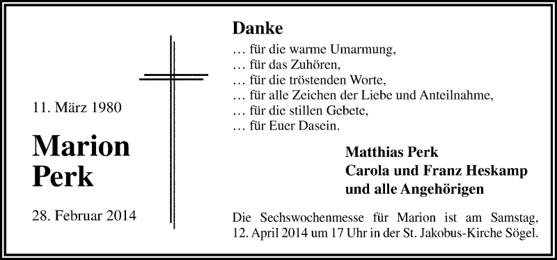 Traueranzeige für Marion Perk vom 08.04.2014 aus Neue Osnabrücker Zeitung GmbH & Co. KG