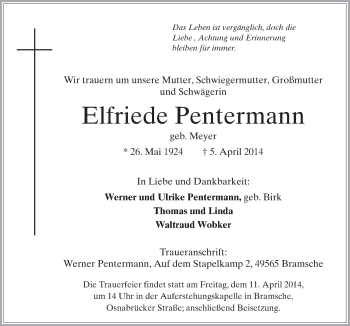 Traueranzeige von Elfriede Pentermann von Neue Osnabrücker Zeitung GmbH & Co. KG