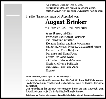 Traueranzeige von August Brinker von Neue Osnabrücker Zeitung GmbH & Co. KG