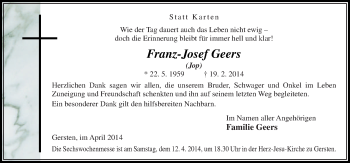 Traueranzeige von Franz-Josef Geers von Neue Osnabrücker Zeitung GmbH & Co. KG