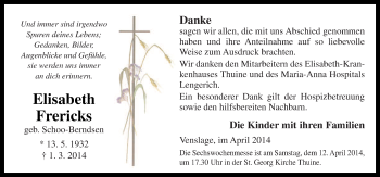 Traueranzeige von Elisabeth Frericks von Neue Osnabrücker Zeitung GmbH & Co. KG