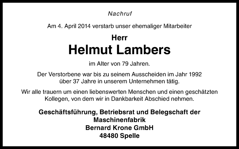  Traueranzeige für Helmut Lambers vom 09.04.2014 aus Neue Osnabrücker Zeitung GmbH & Co. KG