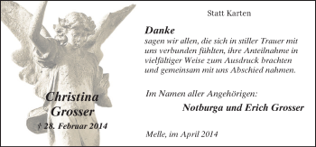 Traueranzeige von Christina Grosser von Neue Osnabrücker Zeitung GmbH & Co. KG