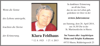 Traueranzeige von Klara Feldhaus von Neue Osnabrücker Zeitung GmbH & Co. KG