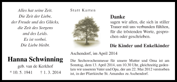 Traueranzeige von Hanna Schwinning von Neue Osnabrücker Zeitung GmbH & Co. KG