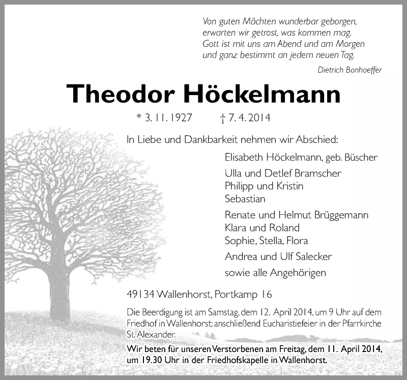  Traueranzeige für Theodor Höckelmann vom 09.04.2014 aus Neue Osnabrücker Zeitung GmbH & Co. KG