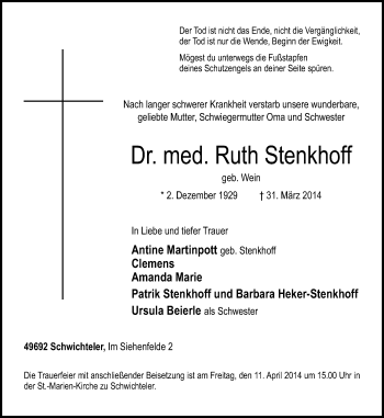 Traueranzeige von Ruth Stenkhoff von Neue Osnabrücker Zeitung GmbH & Co. KG
