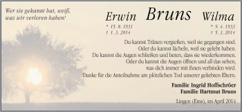 Traueranzeige von Erwin Bruns von Neue Osnabrücker Zeitung GmbH & Co. KG