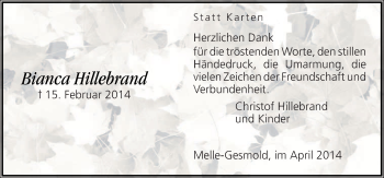 Traueranzeige von Bianca Hillebrand von Neue Osnabrücker Zeitung GmbH & Co. KG