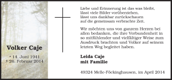 Traueranzeige von Volker Caje von Neue Osnabrücker Zeitung GmbH & Co. KG