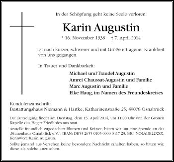 Traueranzeige von Karin Augustin von Neue Osnabrücker Zeitung GmbH & Co. KG