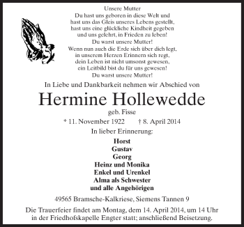 Traueranzeige von Hermine Hollewedde von Neue Osnabrücker Zeitung GmbH & Co. KG