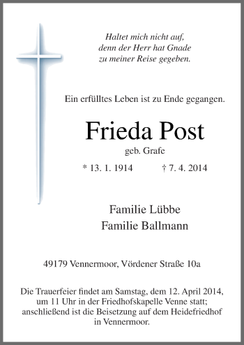 Traueranzeige von Frieda Post von Neue Osnabrücker Zeitung GmbH & Co. KG