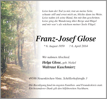 Traueranzeige von Franz-Josef Glose von Neue Osnabrücker Zeitung GmbH & Co. KG