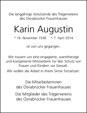 Traueranzeige von Karin Augustin von Neue Osnabrücker Zeitung GmbH & Co. KG