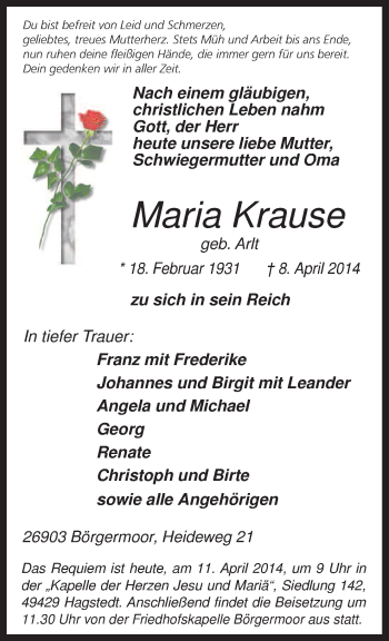 Traueranzeige von Maria Krause von Neue Osnabrücker Zeitung GmbH & Co. KG