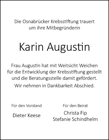 Traueranzeige von Karin Augustin von Neue Osnabrücker Zeitung GmbH & Co. KG