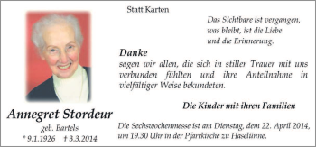 Traueranzeige von Annegret Stordeur von Neue Osnabrücker Zeitung GmbH & Co. KG