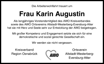 Traueranzeige von Karin Augustin von Neue Osnabrücker Zeitung GmbH & Co. KG