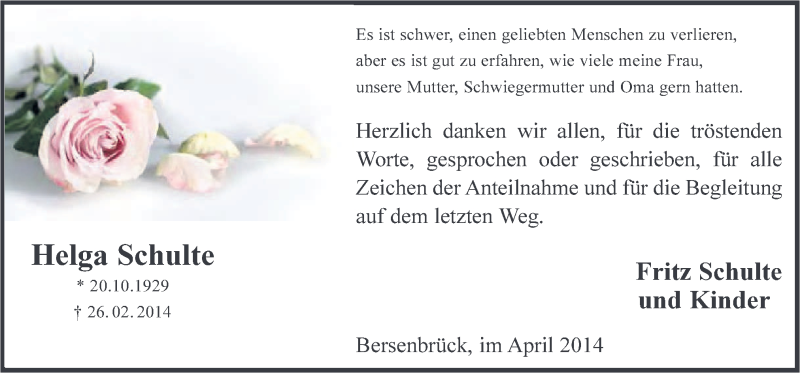  Traueranzeige für Helga Schulte vom 12.04.2014 aus Neue Osnabrücker Zeitung GmbH & Co. KG