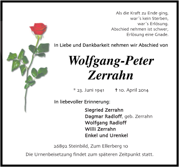 Traueranzeige von Wolfgang-Peter Zerrahn von Neue Osnabrücker Zeitung GmbH & Co. KG