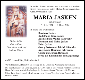 Traueranzeige von Maria Jasken von Neue Osnabrücker Zeitung GmbH & Co. KG