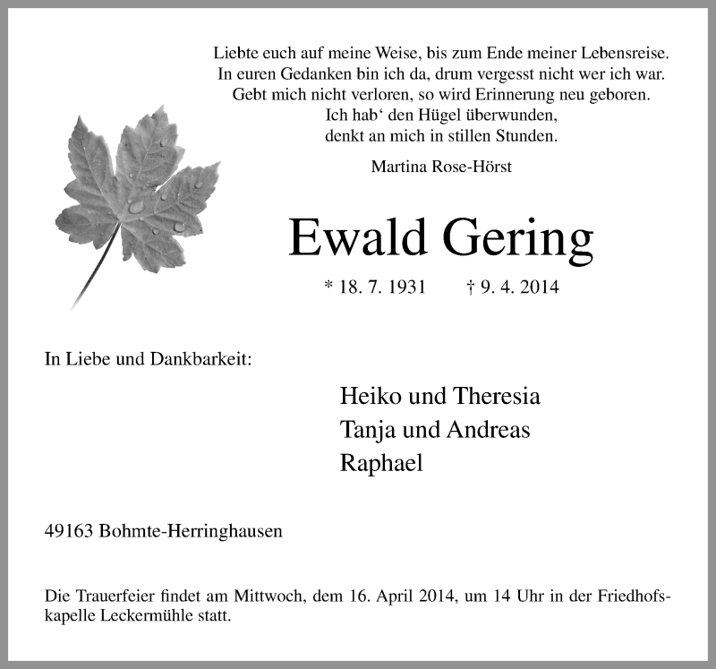  Traueranzeige für Ewald Gering vom 12.04.2014 aus Neue Osnabrücker Zeitung GmbH & Co. KG