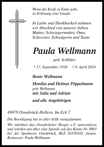 Traueranzeige von Paula Wellmann von Neue Osnabrücker Zeitung GmbH & Co. KG