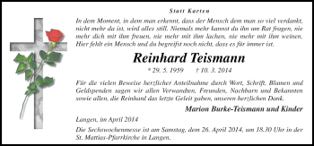 Traueranzeige von Reinhard Teismann von Neue Osnabrücker Zeitung GmbH & Co. KG