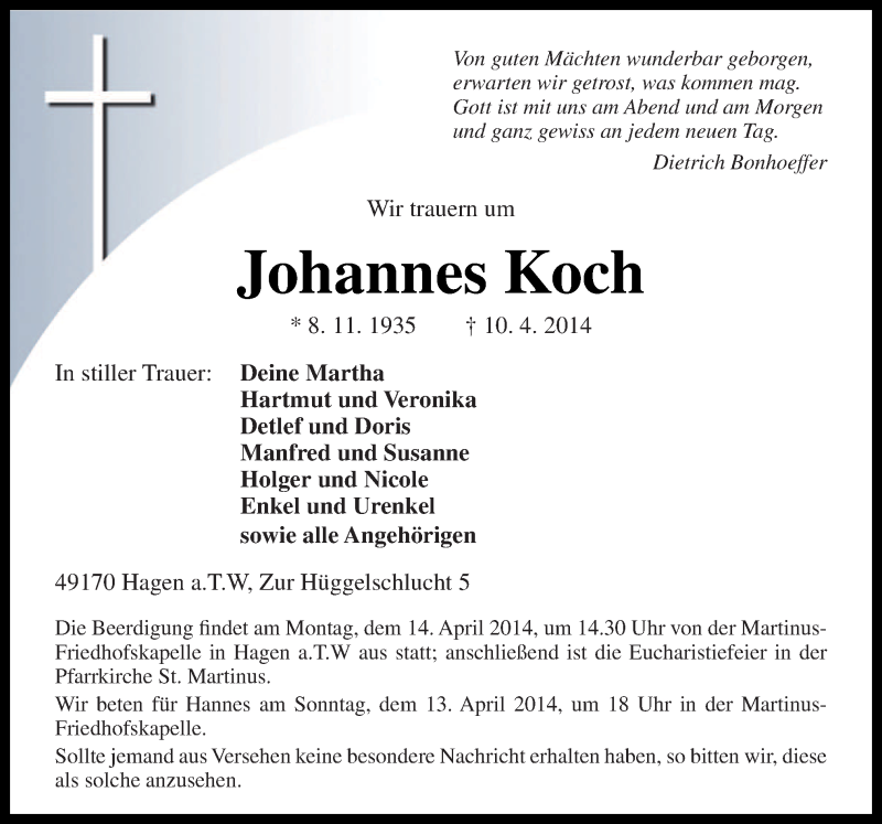 Traueranzeige für Johannes Koch vom 12.04.2014 aus Neue Osnabrücker Zeitung GmbH & Co. KG