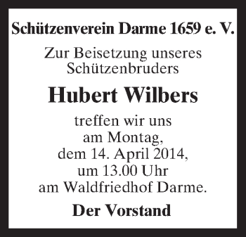 Traueranzeige von Hubert Wilbers von Neue Osnabrücker Zeitung GmbH & Co. KG