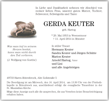 Traueranzeige von Gerda Keuter von Neue Osnabrücker Zeitung GmbH & Co. KG