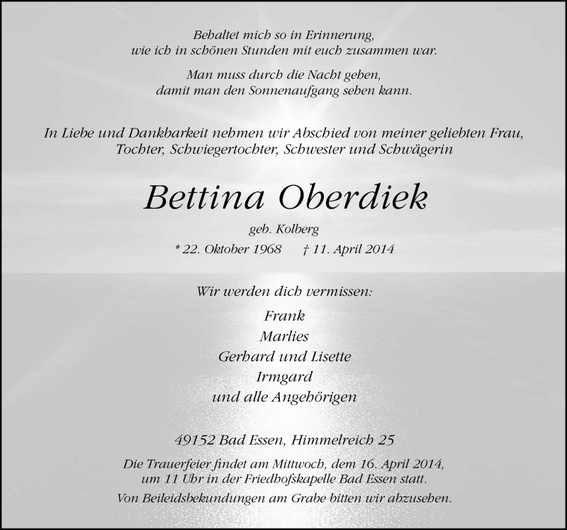  Traueranzeige für Bettina Oberdiek vom 14.04.2014 aus Neue Osnabrücker Zeitung GmbH & Co. KG