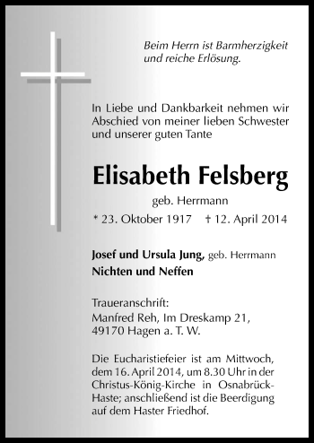 Traueranzeige von Elisabeth Felsberg von Neue Osnabrücker Zeitung GmbH & Co. KG