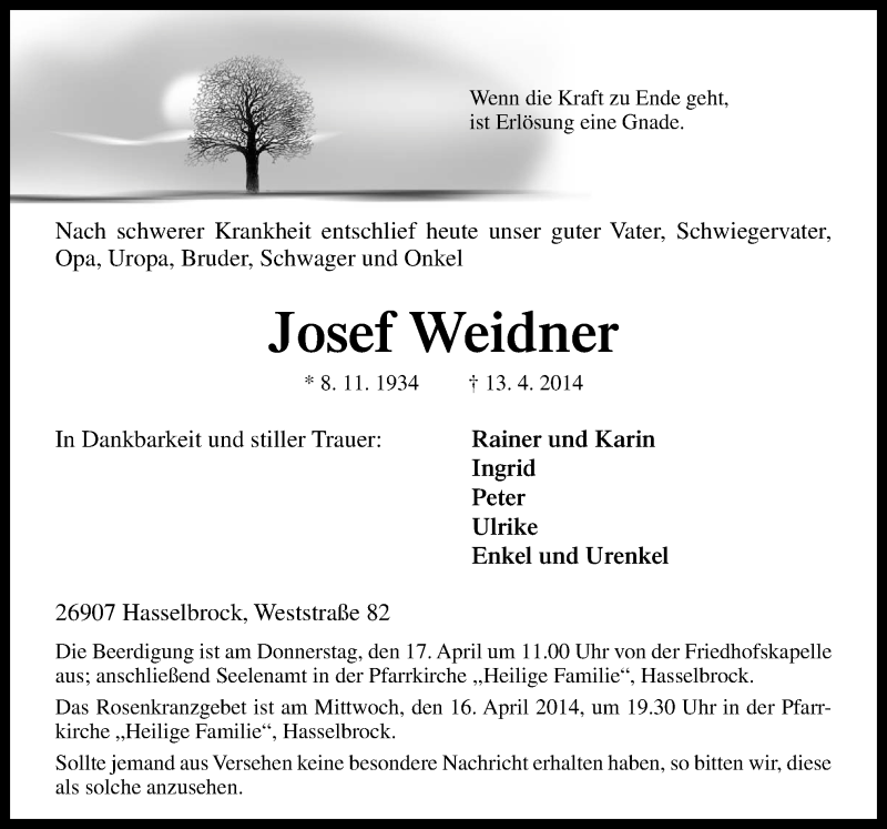  Traueranzeige für Josef Weidner vom 15.04.2014 aus Neue Osnabrücker Zeitung GmbH & Co. KG