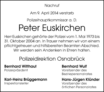 Traueranzeige von Peter Euskirchen von Neue Osnabrücker Zeitung GmbH & Co. KG