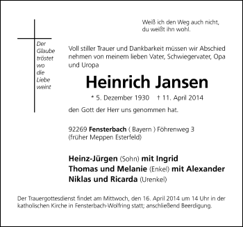 Traueranzeige von Heinrich Jansen von Neue Osnabrücker Zeitung GmbH & Co. KG