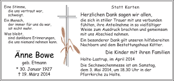 Traueranzeige von Änne Bowe von Neue Osnabrücker Zeitung GmbH & Co. KG