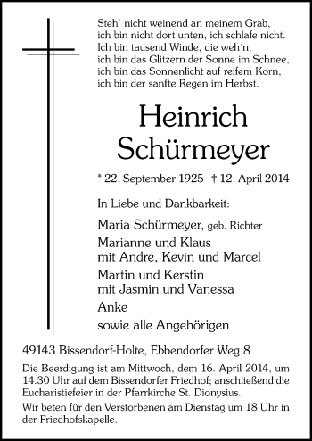 Traueranzeige von Heinrich Schürmeyer von Neue Osnabrücker Zeitung GmbH & Co. KG