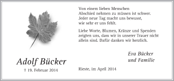 Traueranzeige von Adolf Bücker von Neue Osnabrücker Zeitung GmbH & Co. KG
