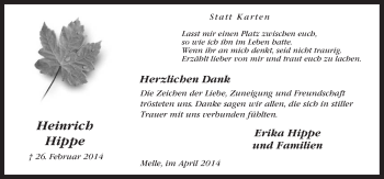 Traueranzeige von Heinrich Hippe von Neue Osnabrücker Zeitung GmbH & Co. KG