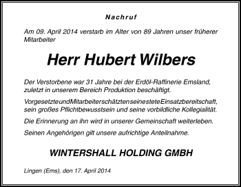 Traueranzeige von Hubert Wilbers von Neue Osnabrücker Zeitung GmbH & Co. KG