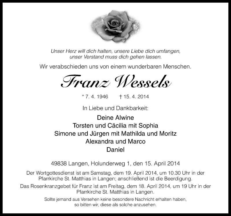  Traueranzeige für Franz Wessels vom 17.04.2014 aus Neue Osnabrücker Zeitung GmbH & Co. KG