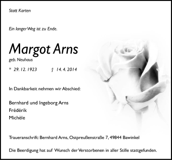 Traueranzeige von Margot Arns von Neue Osnabrücker Zeitung GmbH & Co. KG